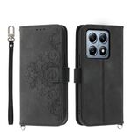 Per Xiaomi 14T Pro Custodia in pelle con motivo floreale in rilievo (nero)