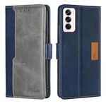 Per OPPO Reno12 5G Global Contrast Color Side Buckle Custodia in pelle per telefono (blu + grigio)
