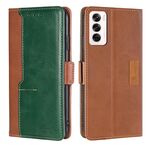 Per OPPO Reno12 5G Global Contrast Color Side Buckle Custodia in pelle per telefono (marrone chiaro + verde)