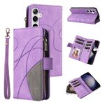 Per Samsung Galaxy S25+ / S24+ 5G Custodia per telefono in pelle con cerniera e 9 scomparti per carte bicolore (viola)