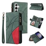 Per Samsung Galaxy S25+ / S24+ 5G Custodia per telefono in pelle con cerniera e 9 scomparti per carte bicolore (verde)