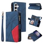 Per Samsung Galaxy S25+ / S24+ 5G Custodia per telefono in pelle con cerniera e 9 scomparti per carte bicolore (blu)