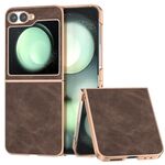 Per Samsung Galaxy Z Flip6 Custodia per telefono con copertura totale in pelle PU con cornice elettrolitica (caffè)