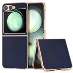 Per Samsung Galaxy Z Flip6 Custodia per telefono con copertura totale in pelle PU e telaio galvanico (blu scuro)