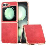 Per Samsung Galaxy Z Flip6 Custodia protettiva per telefono in pelle bovina bicolore con galvanica nano (rossa)