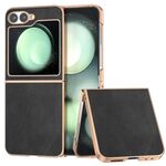 Per Samsung Galaxy Z Flip6 Custodia protettiva per telefono in pelle bovina bicolore con galvanica nano (nera)