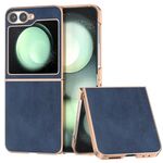 Per Samsung Galaxy Z Flip6 Custodia protettiva per telefono in pelle bovina bicolore con galvanica nano (blu)