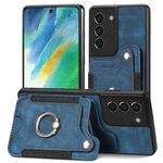 Per Samsung Galaxy S21 FE 5G Retro Skin-feel Ring Custodia a portafoglio multi-card (blu)