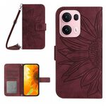 Per OPPO Reno13 Pro Custodia per telefono in pelle con stampa a fiore di sole e cordino (rosso vino)