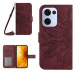Per OPPO Reno13 Custodia in pelle con stampa a fiore di sole e cordino con motivo a flip Global Skin Feel (rosso vino)