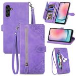 Per Samsung Galaxy A24 4G Custodia in pelle con cerniera fiore in rilievo (viola)