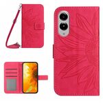Per Samsung Galaxy S25 Edge 5G Custodia in pelle con stampa a fiore di sole e cordino (rosso rosa)