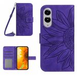 Per Samsung Galaxy S25 Edge 5G Custodia in pelle con stampa a fiore di sole e cordino (viola scuro)