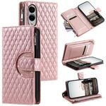 Per Samsung Galaxy S25 Edge 5G Custodia per telefono in pelle con cerniera a reticolo glitterato (oro rosa)