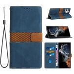 Per Samsung Galaxy S24 Ultra 5G Custodia in pelle con cuciture a griglia e cordino (blu)