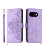 Per Google Pixel 9a Custodia in pelle con motivo a fiori in rilievo (viola)
