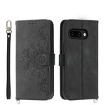Per Google Pixel 9a Custodia in pelle con motivo a fiori in rilievo (nero)
