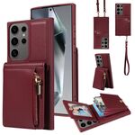 Per Samsung Galaxy S25 Ultra 5G Custodia a tracolla con cerniera in pelle per telefono cellulare (rosso vino)