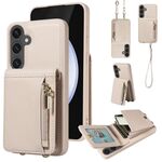 Per Samsung Galaxy S24 FE 5G Custodia a tracolla con cerniera in pelle per telefono cellulare (beige)
