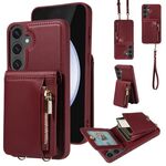 Per Samsung Galaxy S24 FE 5G Custodia a tracolla con cerniera in pelle per telefono cellulare (rosso vino)