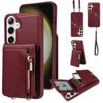 Per Samsung Galaxy S24+ 5G Custodia a tracolla con cerniera in pelle per telefono cellulare (rosso vino)