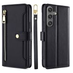 Per Samsung Galaxy S25 5G Custodia per telefono in pelle con cerniera a tracolla e texture di pecora (nera)