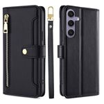 Per Samsung Galaxy S25+ 5G Custodia per telefono in pelle con cerniera a tracolla e texture di pecora (nera)