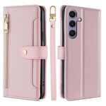 Per Samsung Galaxy S25+ 5G Custodia per telefono in pelle con cerniera a tracolla con texture di pecora (rosa)