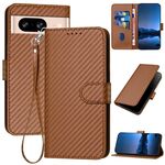 Per Google Pixel 8 YX0070 Custodia in pelle con fibbia in fibra di carbonio e cordino (caffè)