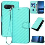 Per Google Pixel 9a YX0070 Custodia in pelle con fibbia in fibra di carbonio e cordino (azzurro chiaro)