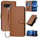 Per Google Pixel 9a YX0070 Custodia in pelle con fibbia in fibra di carbonio e cordino (caffè)