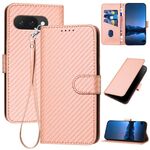 Per Google Pixel 9a YX0070 Custodia in pelle con fibbia in fibra di carbonio e cordino (rosa)