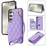 Per Samsung Galaxy S25+ 5G Rhombic Dual Buckle Card Slots Custodia per telefono con cordino (viola)