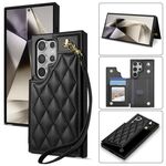 Per Samsung Galaxy S24 Ultra 5G Rhombic Dual Buckle Card Slots Custodia per telefono con cordino (nero)