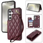 Per Samsung Galaxy S24 FE 5G Rhombic Dual Buckle Card Slots Custodia per telefono con cordino (rosso vino)
