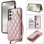 Per Samsung Galaxy S24 FE 5G Rhombic Dual Buckle Card Slots Custodia per telefono con cordino (oro rosa)
