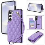 Per Samsung Galaxy S23+ 5G Rhombic Dual Buckle Card Slots Custodia per telefono con cordino (viola)