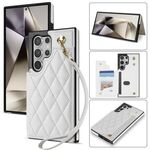 Per Samsung Galaxy S22 Ultra 5G Rhombic Dual Buckle Card Slots Custodia per telefono con cordino (bianco)