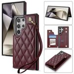 Per Samsung Galaxy S22 Ultra 5G Rhombic Dual Buckle Card Slots Custodia per telefono con cordino (rosso vino)