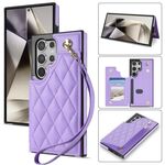 Per Samsung Galaxy S22 Ultra 5G Rhombic Dual Buckle Card Slots Custodia per telefono con cordino (viola)