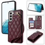 Per Samsung Galaxy S22+ 5G Rhombic Dual Buckle Card Slots Custodia per telefono con cordino (rosso vino)