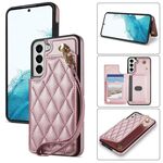 Per Samsung Galaxy S22+ 5G Rhombic Dual Buckle Card Slots Custodia per telefono con cordino (oro rosa)