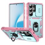 Per Samsung Galaxy S25 Ultra 5G Custodia per telefono ibrida in TPU con supporto scorrevole Camshield con supporto (rosa + verde)