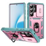 Per Samsung Galaxy S25 Ultra 5G Custodia per telefono ibrida in TPU con supporto scorrevole Camshield con supporto (verde + rosa)