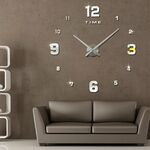 Camera da letto Decorazione della casa Numero a specchio Senza cornice Grande adesivo da parete 3D fai da te Orologio muto, Dimensioni: 100 * 100 cm (Argento)
