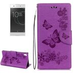 Per Sony Xperia XA1 Custodia in pelle a vibrazione orizzontale con motivo a farfalla a fiori pressati con supporto, slot per schede e portafoglio (viola)