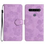 Per LG K51S Custodia per telefono in pelle con motivo floreale in rilievo (viola)