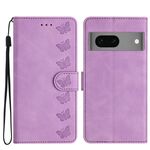 Per Google Pixel 7 Custodia per telefono in pelle goffrata con sette farfalle (viola)