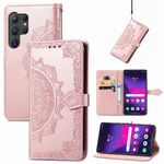 Custodia per telefono in pelle con motivo floreale mandala per Samsung Galaxy S24 Ultra 5G (oro rosa)