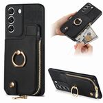 Custodia per telefono posteriore con cerniera verticale con anello in pelle incrociata per Samsung Galaxy S22+ 5G (nero)
